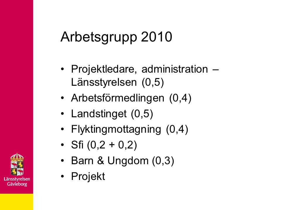 Arbetsgrupp 2010 Projektledare, administration – Länsstyrelsen (0,5)