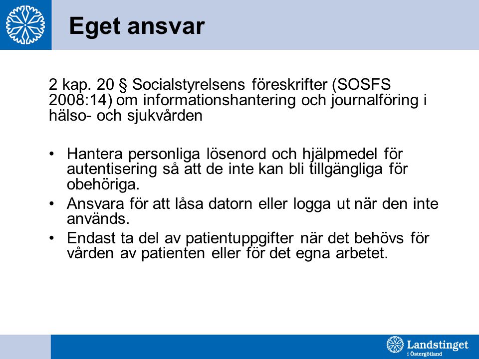 Eget ansvar 2 kap. 20 § Socialstyrelsens föreskrifter (SOSFS 2008:14) om informationshantering och journalföring i hälso- och sjukvården.