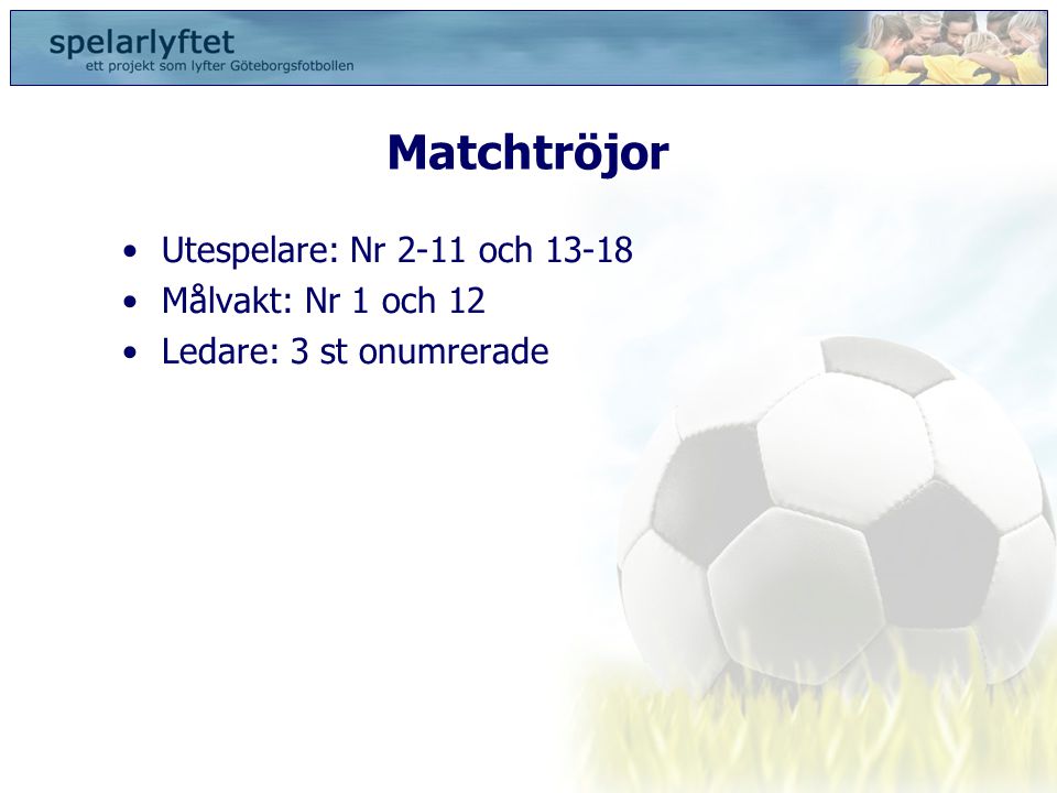 Matchtröjor Utespelare: Nr 2-11 och Målvakt: Nr 1 och 12