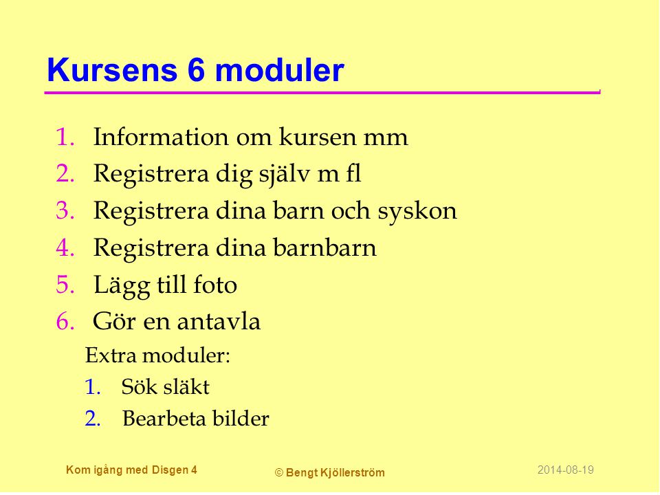 Kursens 6 moduler Information om kursen mm Registrera dig själv m fl