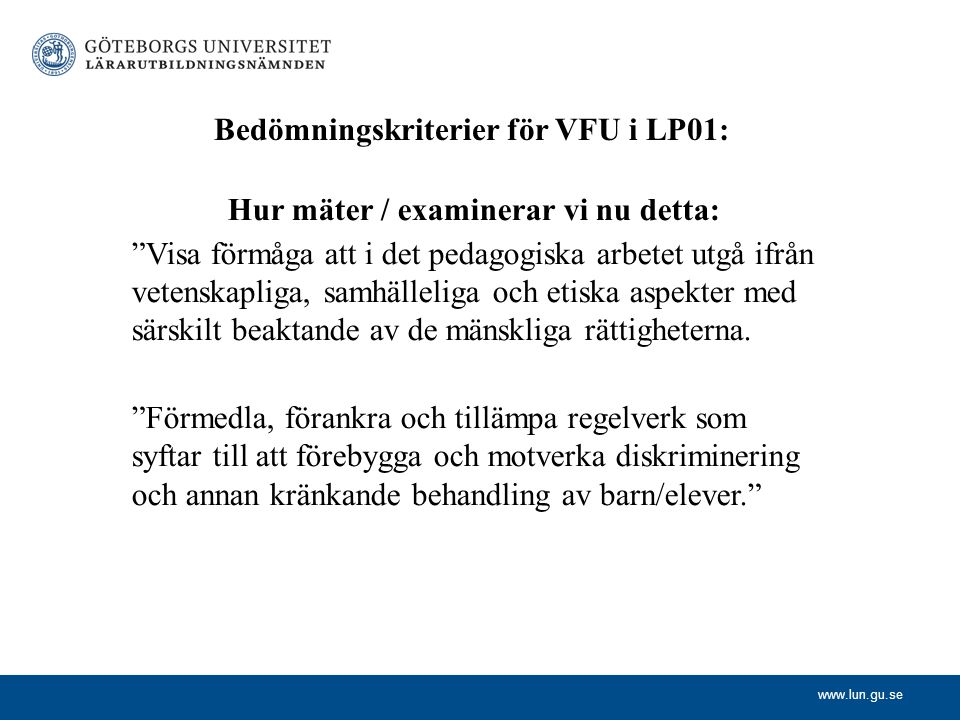Bedömningskriterier för VFU i LP01: