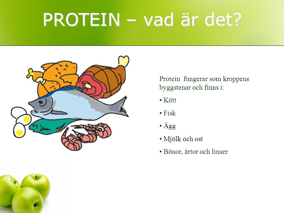 PROTEIN – vad är det Protein fungerar som kroppens byggstenar och finns i: Kött. Fisk. Ägg. Mjölk och ost.
