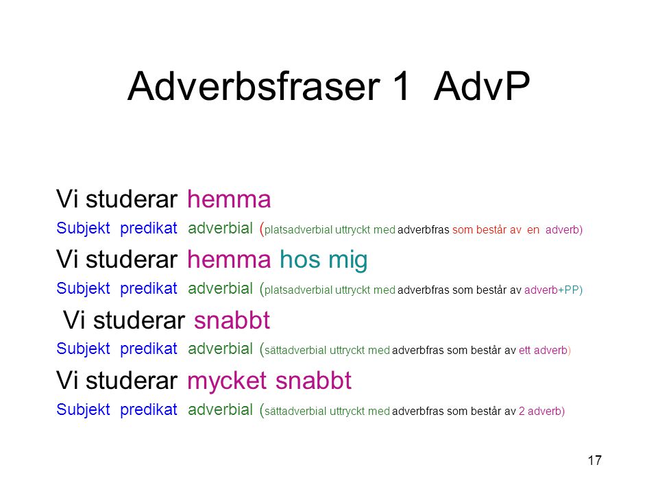 Adverbsfraser 1 AdvP Vi studerar hemma Vi studerar hemma hos mig