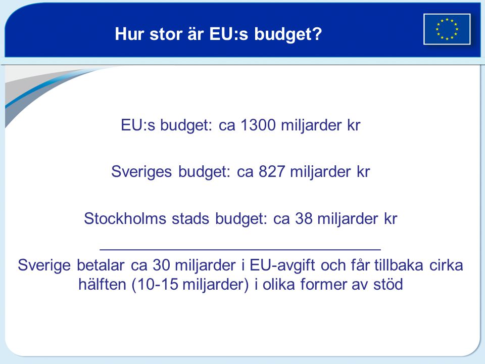 Hur stor är EU:s budget EU:s budget: ca 1300 miljarder kr