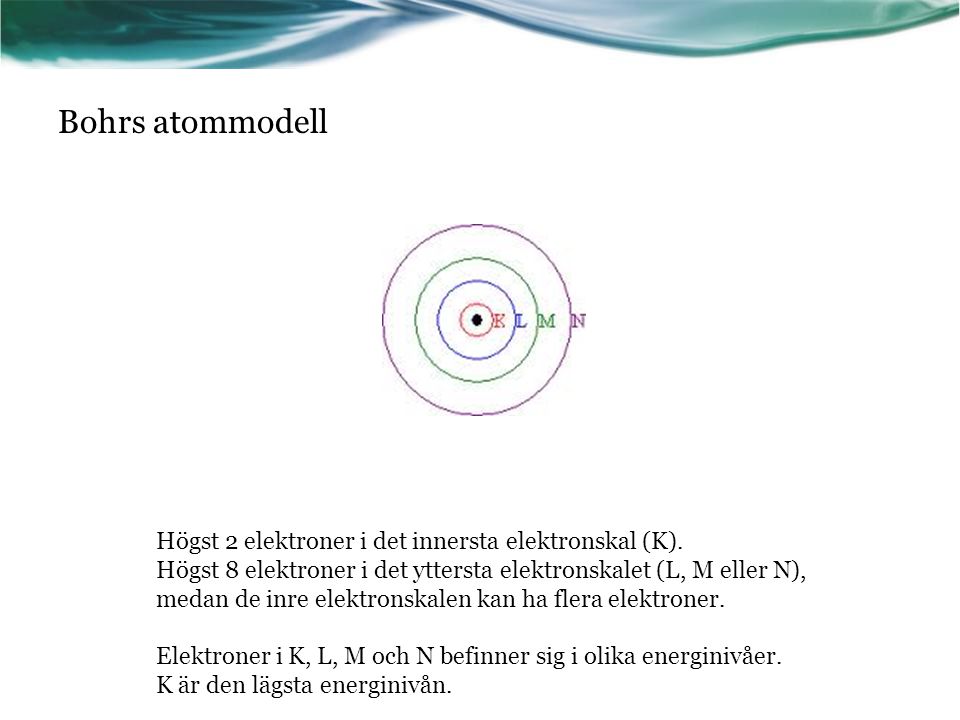 Bohrs atommodell Högst 2 elektroner i det innersta elektronskal (K).