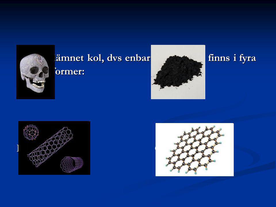 Grundämnet kol, dvs enbart kolatomer, finns i fyra olika former: