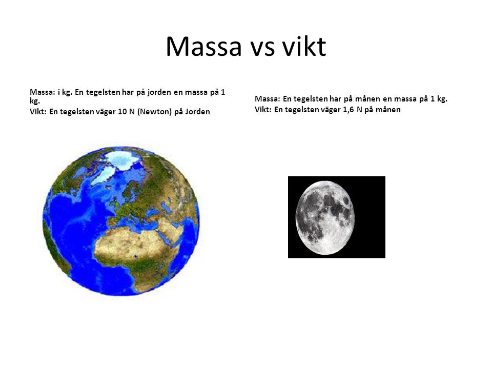Massa vs vikt Massa: i kg. En tegelsten har på jorden en massa på 1 kg. Vikt: En tegelsten väger 10 N (Newton) på Jorden.