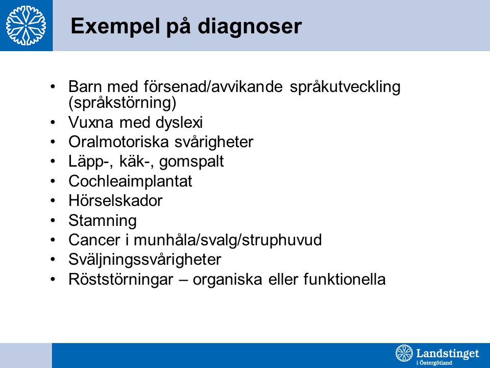 Exempel på diagnoser Barn med försenad/avvikande språkutveckling (språkstörning) Vuxna med dyslexi.
