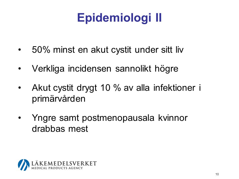 Epidemiologi II 50% minst en akut cystit under sitt liv