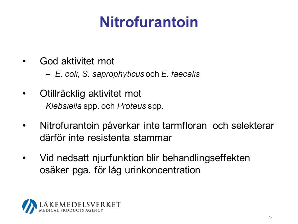 Nitrofurantoin God aktivitet mot Otillräcklig aktivitet mot