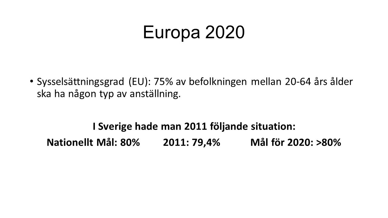 Europa 2020 Sysselsättningsgrad (EU): 75% av befolkningen mellan års ålder ska ha någon typ av anställning.