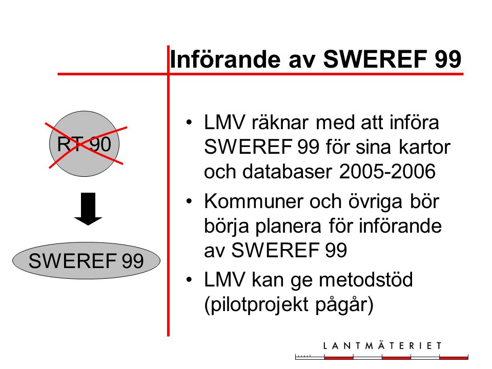 Införande av SWEREF 99 LMV räknar med att införa SWEREF 99 för sina kartor och databaser