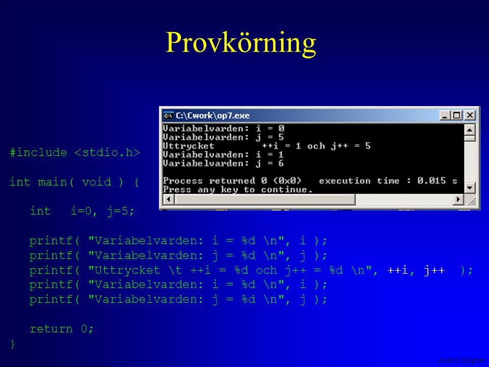 Provkörning #include <stdio.h> int main( void ) { int i=0, j=5;