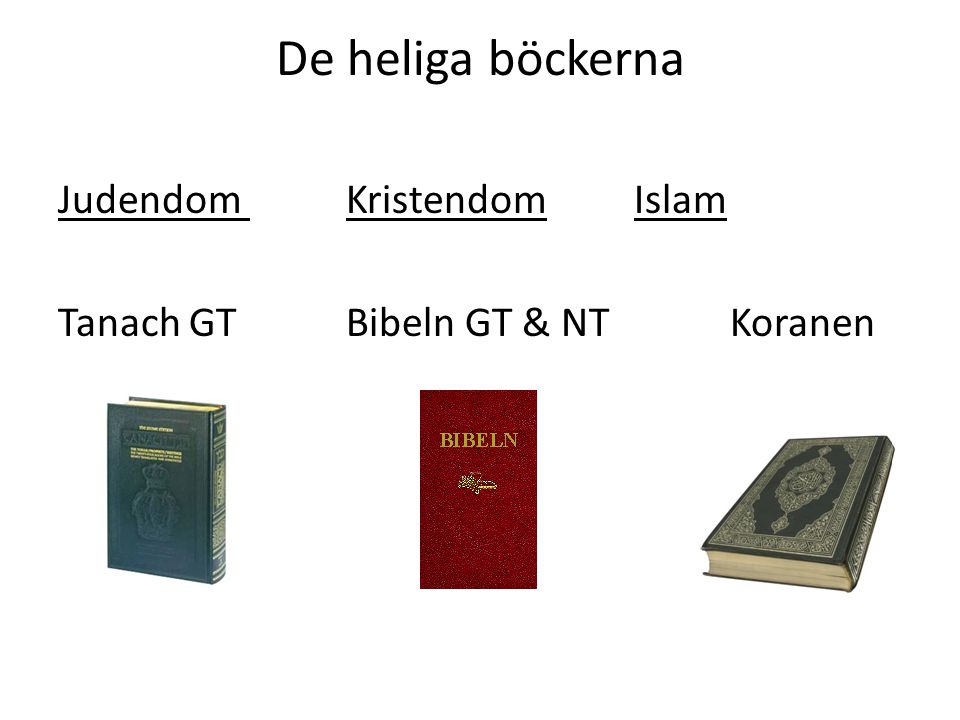 De heliga böckerna Judendom Kristendom Islam Tanach GT Bibeln GT & NT Koranen