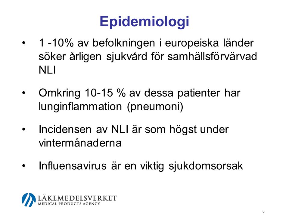 Epidemiologi 1 -10% av befolkningen i europeiska länder söker årligen sjukvård för samhällsförvärvad NLI.