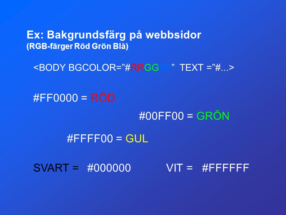 Ex: Bakgrundsfärg på webbsidor (RGB-färger Röd Grön Blå)