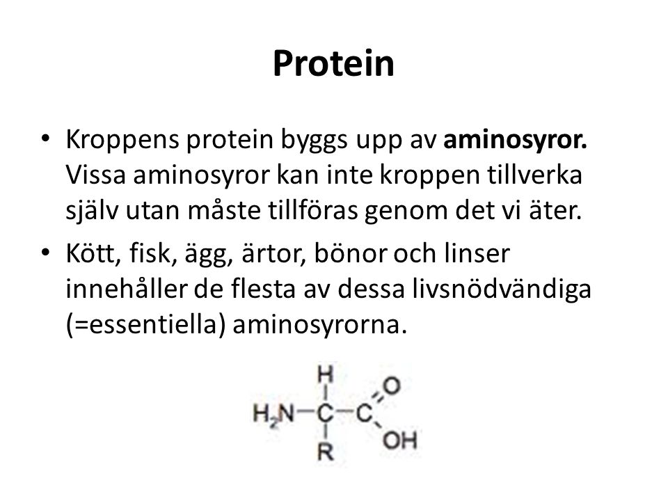 Protein Kroppens protein byggs upp av aminosyror. Vissa aminosyror kan inte kroppen tillverka själv utan måste tillföras genom det vi äter.