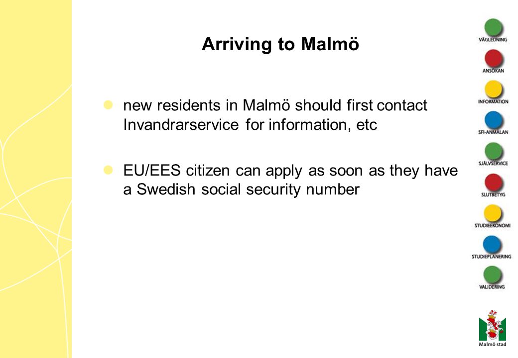 Arriving to Malmö new residents in Malmö should first contact Invandrarservice for information, etc.