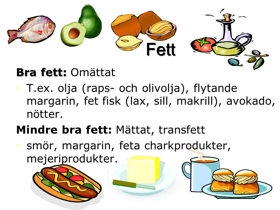 Fett Bra fett: Omättat. T.ex. olja (raps- och olivolja), flytande margarin, fet fisk (lax, sill, makrill), avokado, nötter.