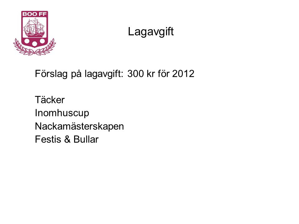 Lagavgift Förslag på lagavgift: 300 kr för 2012 Täcker Inomhuscup