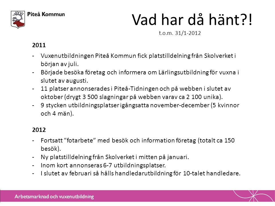 Vad har då hänt ! t.o.m. 31/ Vuxenutbildningen Piteå Kommun fick platstilldelning från Skolverket i början av juli.