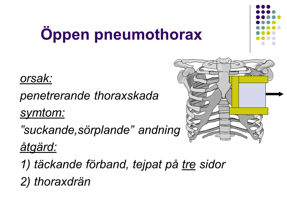 Öppen pneumothorax orsak: penetrerande thoraxskada symtom: