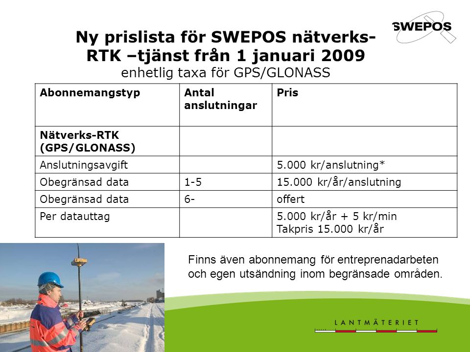 Ny prislista för SWEPOS nätverks-RTK –tjänst från 1 januari 2009 enhetlig taxa för GPS/GLONASS