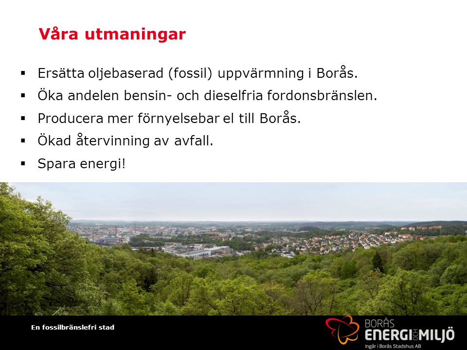 Våra utmaningar Ersätta oljebaserad (fossil) uppvärmning i Borås.