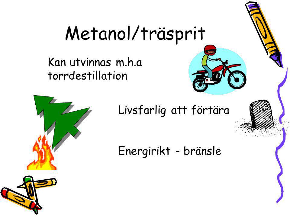 Metanol/träsprit Kan utvinnas m.h.a torrdestillation