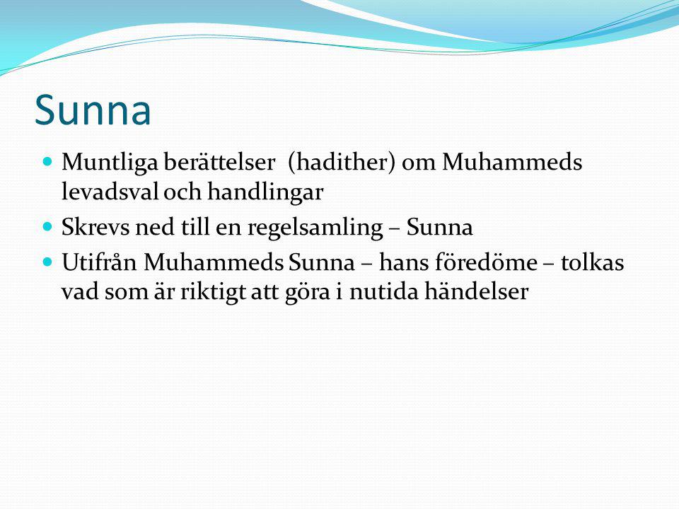 Sunna Muntliga berättelser (hadither) om Muhammeds levadsval och handlingar. Skrevs ned till en regelsamling – Sunna.