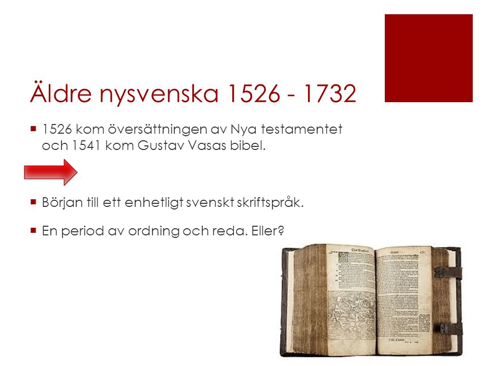 Äldre nysvenska kom översättningen av Nya testamentet och 1541 kom Gustav Vasas bibel.