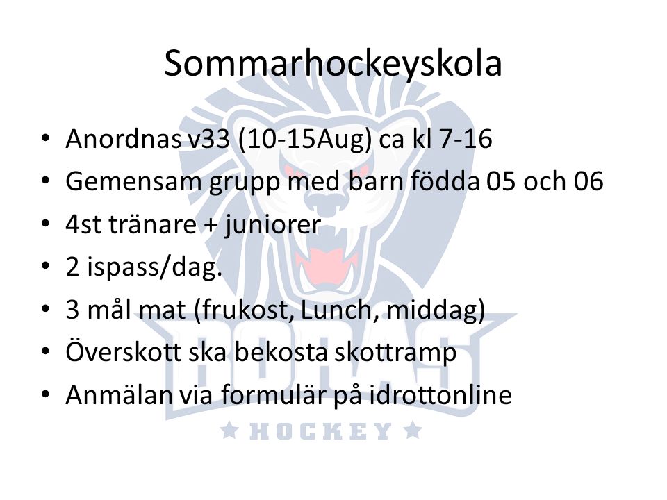 Sommarhockeyskola Anordnas v33 (10-15Aug) ca kl 7-16