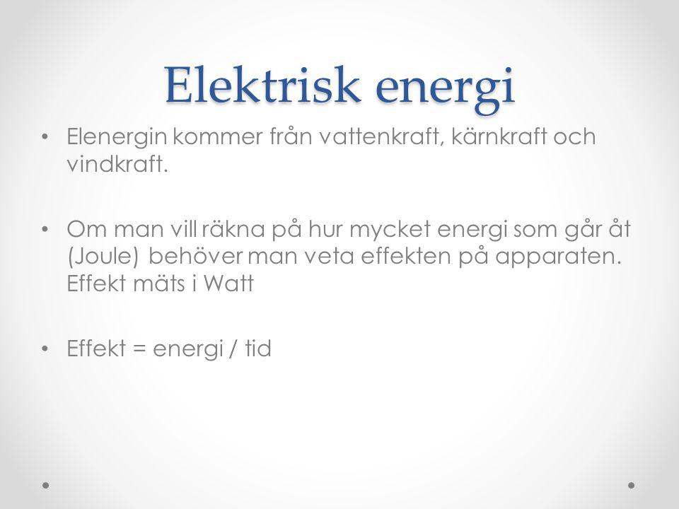 Elektrisk energi Elenergin kommer från vattenkraft, kärnkraft och vindkraft.
