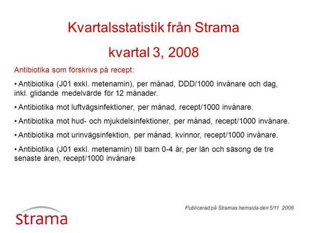 Kvartalsstatistik från Strama kvartal 3, 2008 Antibiotika som förskrivs på recept: Antibiotika (J01 exkl. metenamin), per månad, DDD/1000 invånare och.