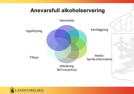 Samverkan Kartläggning Media/ Sprida information Utbildning Skrivna policys Tillsyn Uppföljning Ansvarsfull alkoholservering.