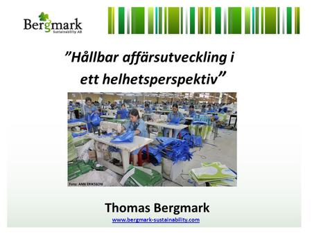”Hållbar affärsutveckling i ett helhetsperspektiv ” PurNet 24 maj 2011 Thomas Bergmark www.bergmark-sustainability.com.
