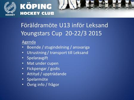 Föräldramöte U13 inför Leksand Youngstars Cup 20-22/3 2015 Agenda Boende / stugindelning / ansvariga Utrustning / transport till Leksand Spelaravgift Mat.