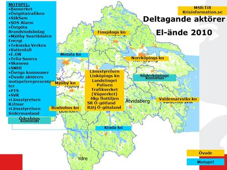 Deltagande aktörer El-ände 2010 MSB:TiB Krisinformation.se Motala kn Kinda kn Ödeshögs kn MOTSPEL: Banverket Östgötatrafiken SäkSam SOS Alarm Östgöta Brandstodsbolag.