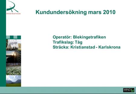 Kundundersökning mars 2010 Operatör: Blekingetrafiken Trafikslag: Tåg Sträcka: Kristianstad - Karlskrona.