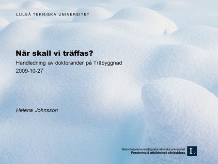 När skall vi träffas? Handledning av doktorander på Träbyggnad 2009-10-27 Helena Johnsson.