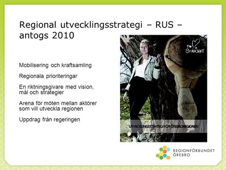 Regional utvecklingsstrategi – RUS – antogs 2010 Mobilisering och kraftsamling Regionala prioriteringar En riktningsgivare med vision, mål och strategier.