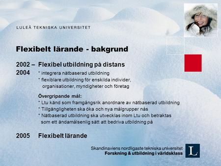 Flexibelt lärande - bakgrund 2002 – Flexibel utbildning på distans 2004 * integrera nätbaserad utbildning * flexiblare utbildning för enskilda individer,