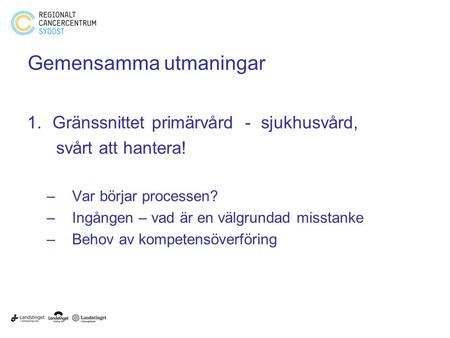 Gemensamma utmaningar 1.Gränssnittet primärvård - sjukhusvård, svårt att hantera! –Var börjar processen? –Ingången – vad är en välgrundad misstanke –Behov.