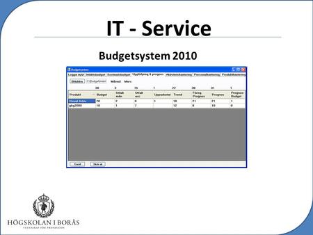 C IT - Service Budgetsystem 2010. c IT - Service Problem Budgeteringen tar tid Budgeteringen är svåröverskådlig Informationsbrist mellan avdelningar Ett.