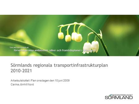 Sörmlands regionala transportinfrastrukturplan 2010-2021 Arbetsutskottet i Flen onsdagen den 10 juni 2009 Carina Jönhill Nord.