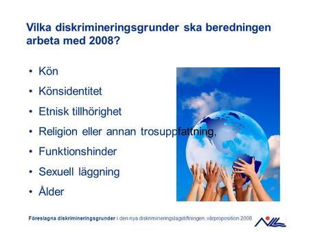 Kön Könsidentitet Etnisk tillhörighet Religion eller annan trosuppfattning, Funktionshinder Sexuell läggning Ålder Föreslagna diskrimineringsgrunder i.