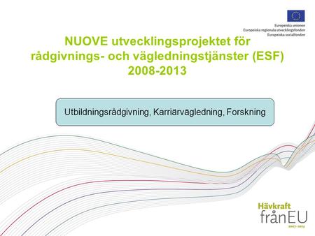NUOVE utvecklingsprojektet för rådgivnings- och vägledningstjänster (ESF) 2008-2013 Utbildningsrådgivning, Karriärvägledning, Forskning.