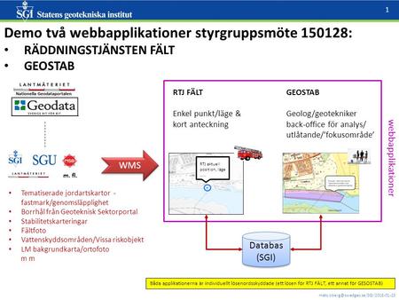 1 Demo två webbapplikationer styrgruppsmöte 150128: RÄDDNINGSTJÄNSTEN FÄLT GEOSTAB m. fl. WMS Databas (SGI) RTJ FÄLT.
