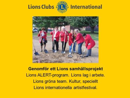 Genomför ett Lions samhällsprojekt Lions ALERT-program. Lions lag i arbete. Lions gröna team. Kultur, speciellt Lions internationella artistfestival.