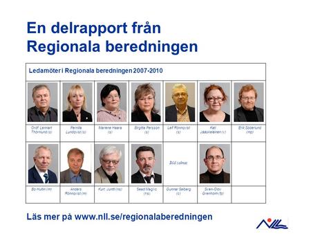 Läs mer på www.nll.se/regionalaberedningen Ledamöter i Regionala beredningen 2007-2010 Bild saknas Ordf. Lennart Thörnlund (s) Pernilla Lundqvist (s) Marlene.